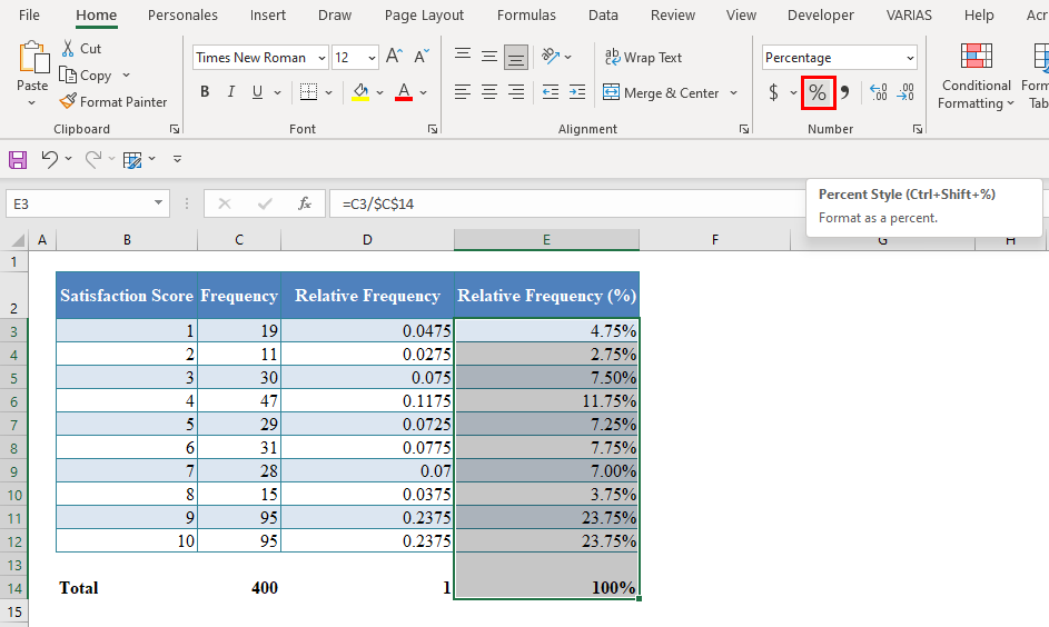 Relative Frequencies as Percentages in Excel