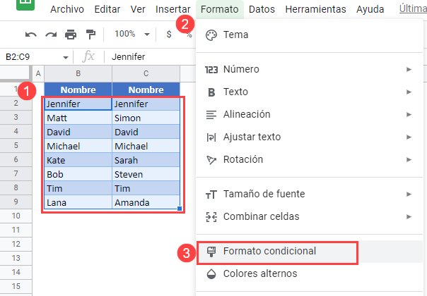 Resaltar Diferencias de Dos Columnas en Google Sheets