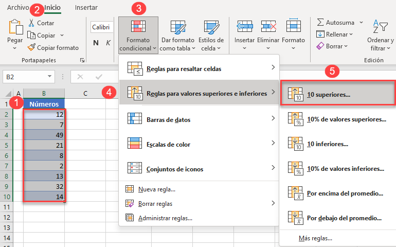 Resaltar los n Valores en Excel