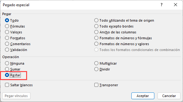 Restar Varias Celdas con Pegado Especial Paso3 en Excel