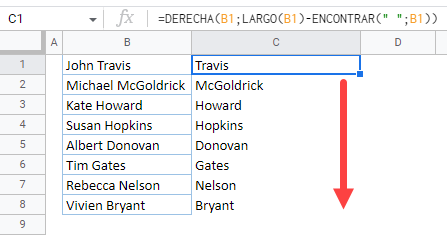 Resultado Arrastrar Fórmula en Google Sheets