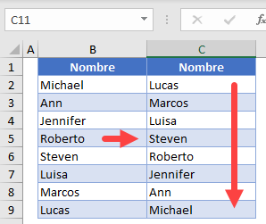 Resultado Invertir Orden de Datos con Funciones Indice y Filas en Excel