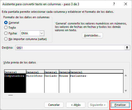 Separar Texto en Columnas Paso3 en Excel