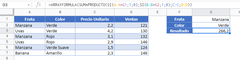 Sumaproducto si gsheets