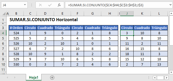 Sumar Si Conjunto Horizonal en Excel