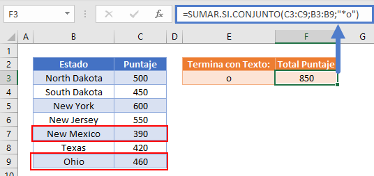 Sumar Si Termina con un Texto Específico Usando Comodines en Excel