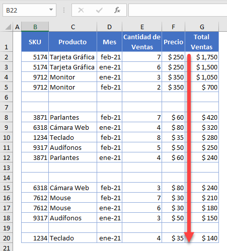 Tabla Ordenada Mostrando Todas las Filas en Excel