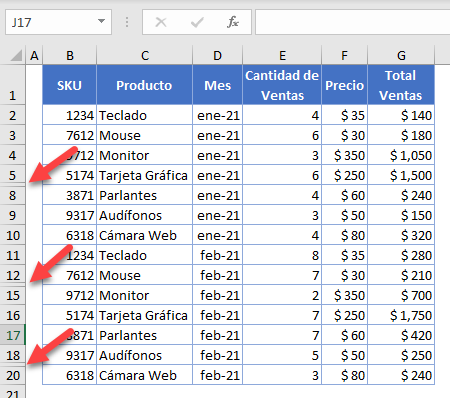 Tabla con Filas Ocultas en Excel