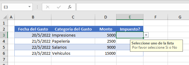 Tabla con Muestra de Validación de Datos