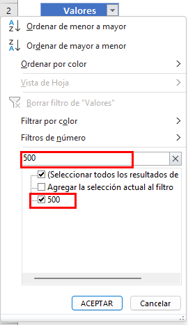 Tabla de Datos con Filtro Clic 500 en Excel