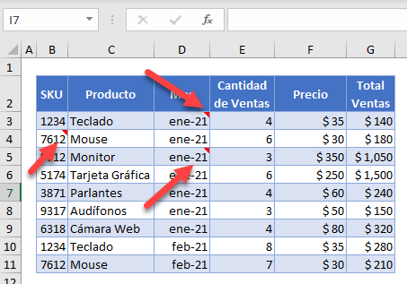 Tabla que Incluye Celdas con Comentarios en Excel