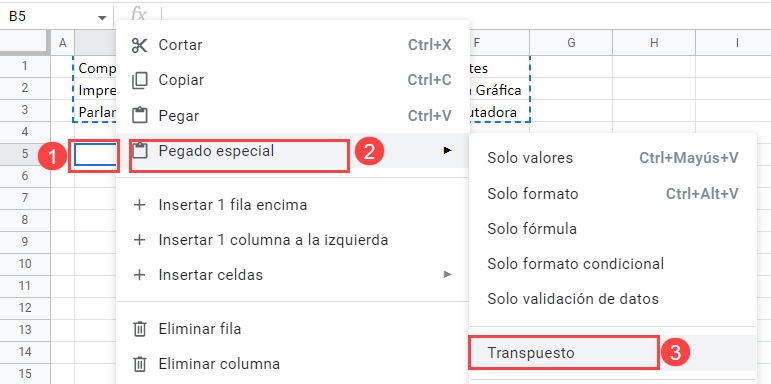Transponer Varias Lineas en Google Sheets Paso2