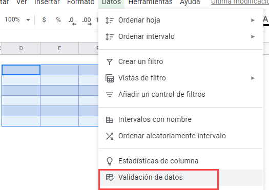 Validación Basada en Otra Celda Paso1 en Google Sheets