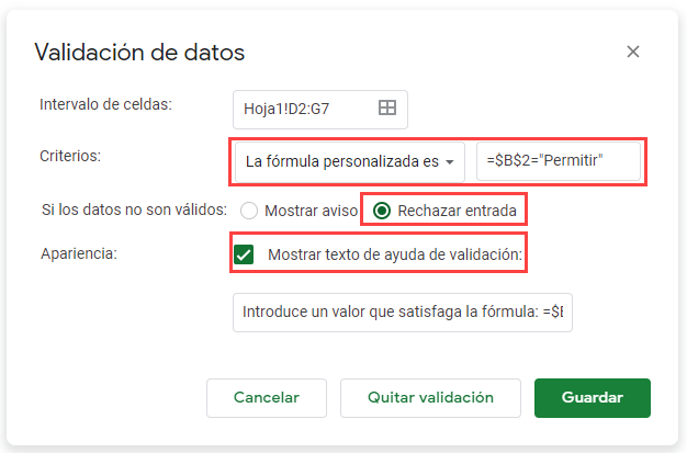 Validación Basada en Otra Celda Paso2 en Google Sheets