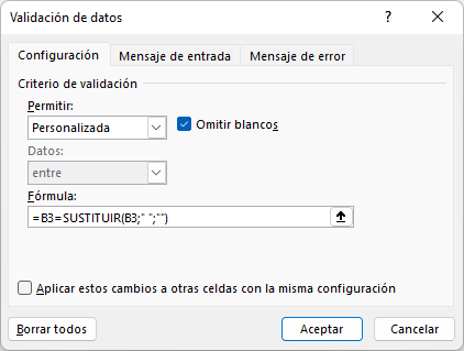 Validación de Datos Evitar Espacios Cuadro Diálogo