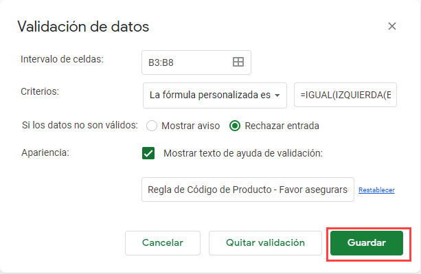 Validación de Datos Guardar Google Sheets