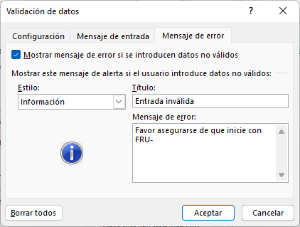 Validación de Datos Menu1 Mensaje de Error en Excel