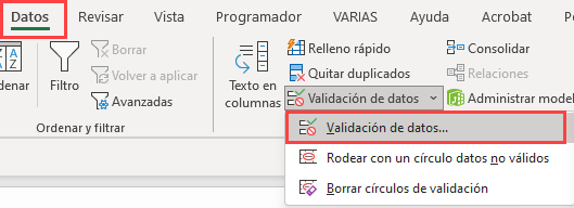 Validación de Datos Menu1 en Excel