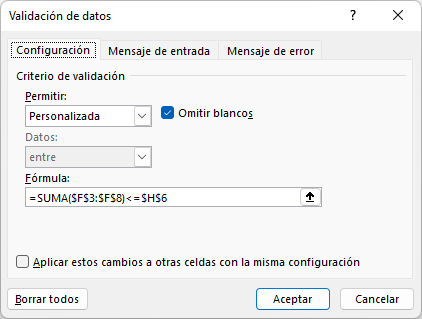 Validación de Datos No Excede el Total Cuadro de Diálogo