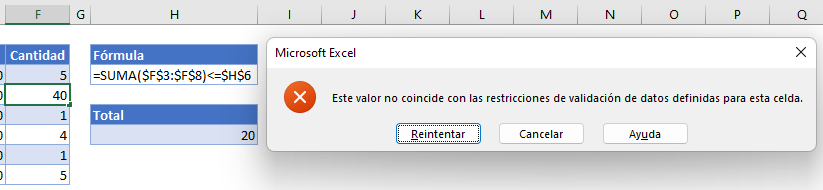 Validación de Datos No Excede el Total Error por Defecto