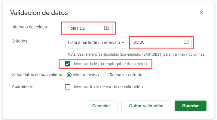 Validación de Datos Pantalla1 en Google Sheets