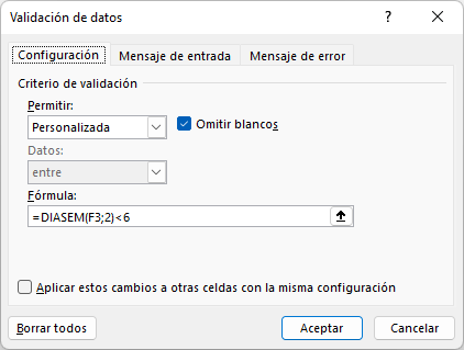 Validación de Datos Permitir Sólo Días de Semana Cuadro Diálogo