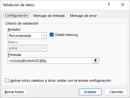 Validación de Datos Sólo Mayúsculas Menú en Excel