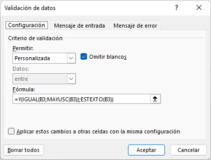 Validación de Datos Sólo Texto en Mayúsculas Cuadro Diálogo