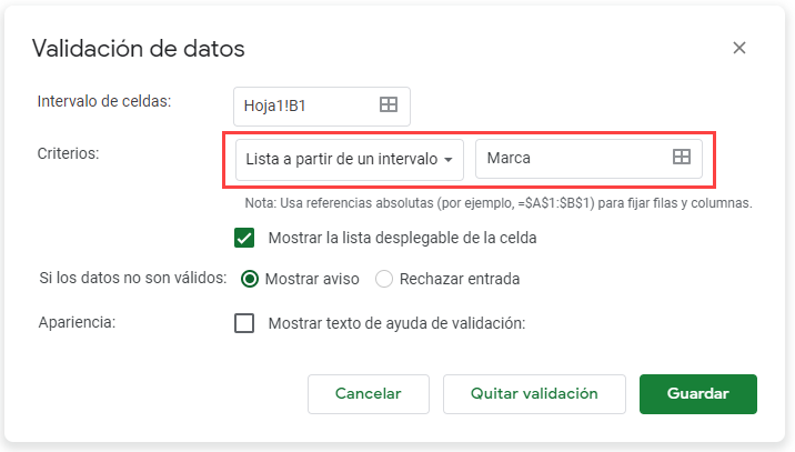 Validar Celda en Google Sheets Paso Final