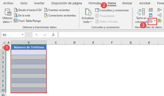 Validar Formato del Número de Teléfono en Excel Paso1