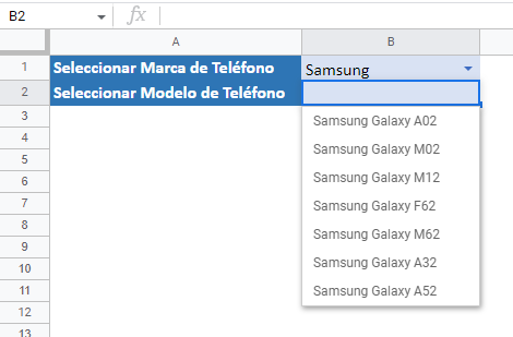 Validar Segunda Lista Desplegable en Cascada en Google Sheets Resultado