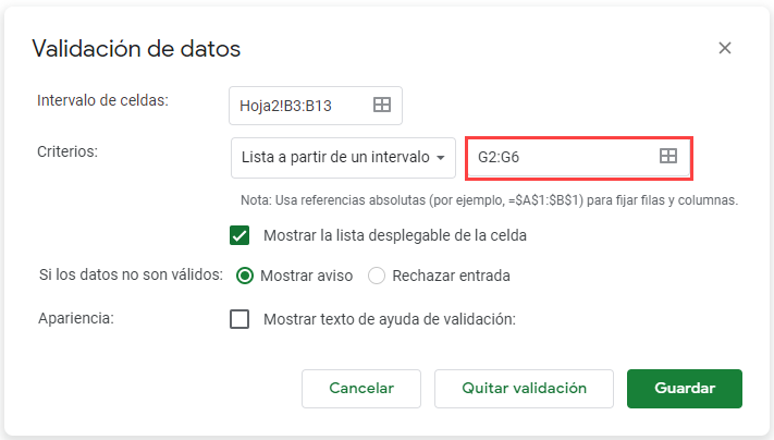 Validar con Lista Ordenada 2do Paso en Google Sheets