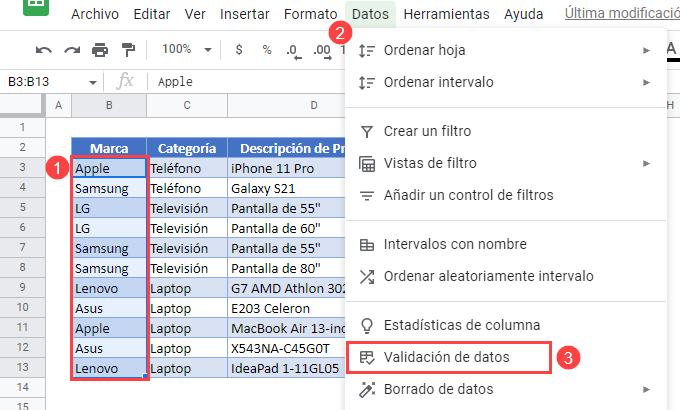 Validar con Lista Ordenada en Google Sheets