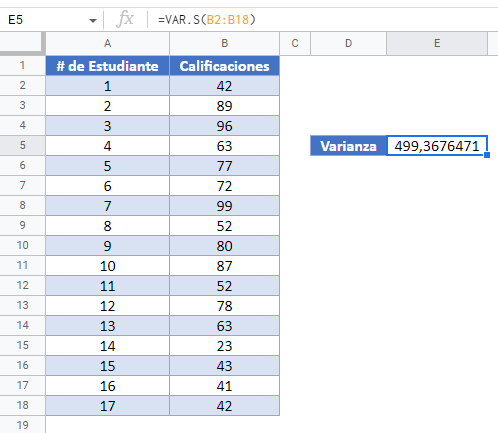 Varianza de la Muestra en Google Sheets