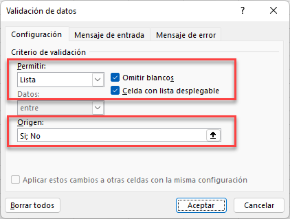 Ventana de Validación de Datos en Excel