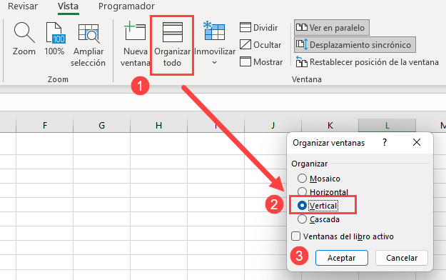 Ver en Paralelo Dos Hojas Seleccionar Vertical en Excel