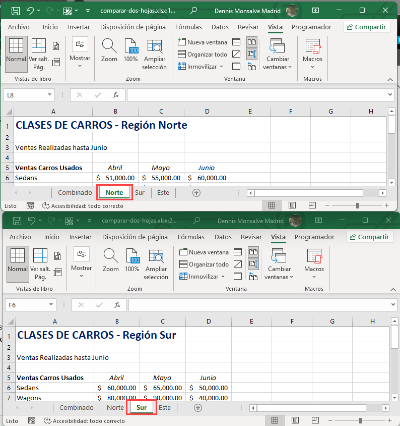Ver en Paralelo Dos Hojas Vertical en Excel