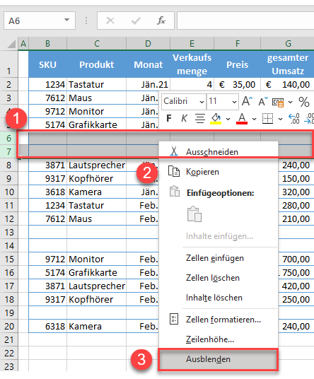 Zeilen ausblenden Daten 1