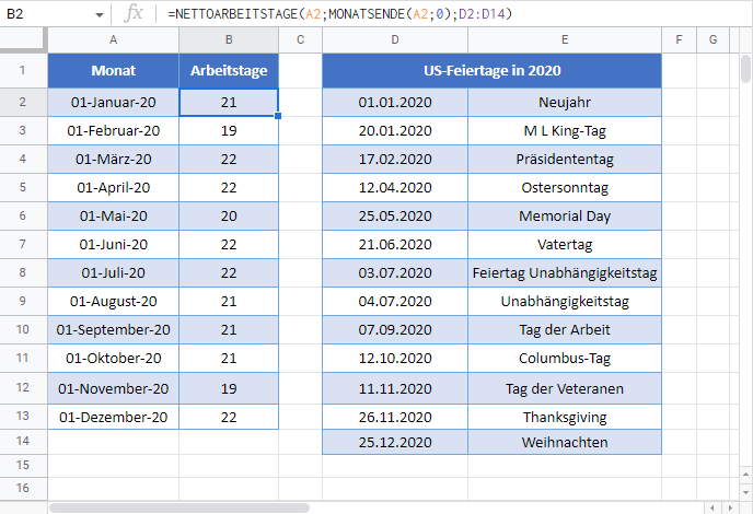 anzahl arbeitstage monat google sheets