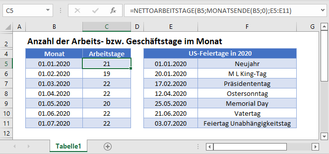 anzahl arbeitstage monat hauptfunktion