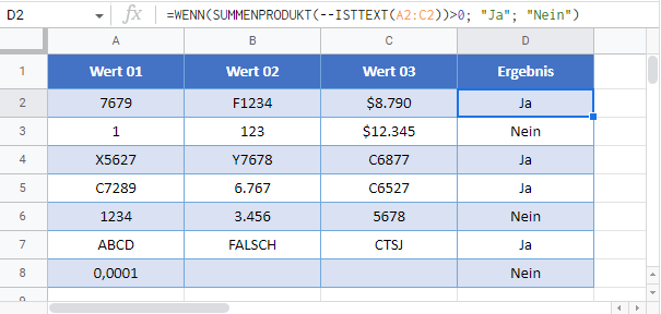 bereich enthaelt text google sheets