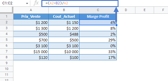 calculateur marge profit google sheets