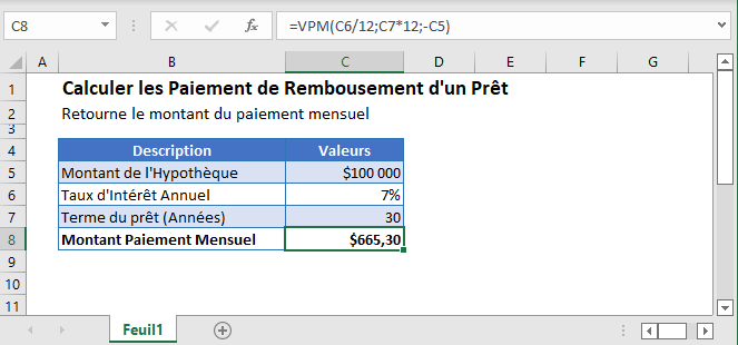 calculer paiements remboursement pret fonction principale