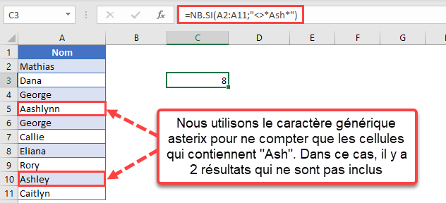 compter cellules ne contiennent pas exemple ash