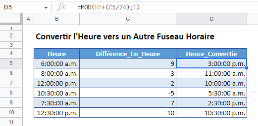 convertir fuseaux horaires google sheets