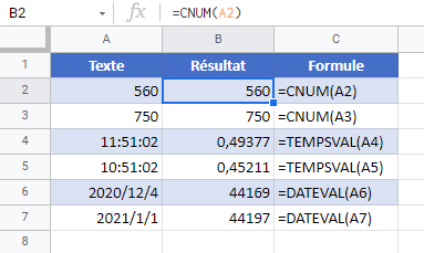 convertir texte en nombre google sheets