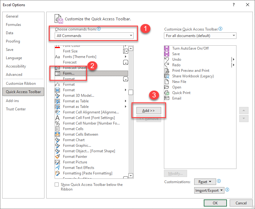 createform customize quickaccess