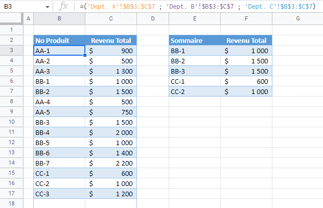 creation tableau accolades google sheets exemple