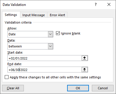 datavalidation change dates