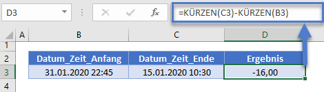 datum zeit subtraktion kuerzen funktion